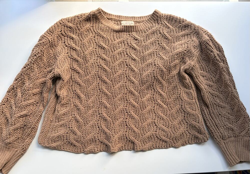 Crochet Crop Sweater Brown Chennille L Textured Knit Crewneck Preppy Cozy POOF